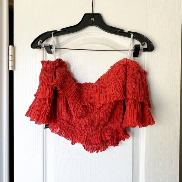 Zimmermann Top Veneto Off-Shoulder Draw Gauze Shell Crinkle Vacation Clay 1 NWT - Picture 7 of 9